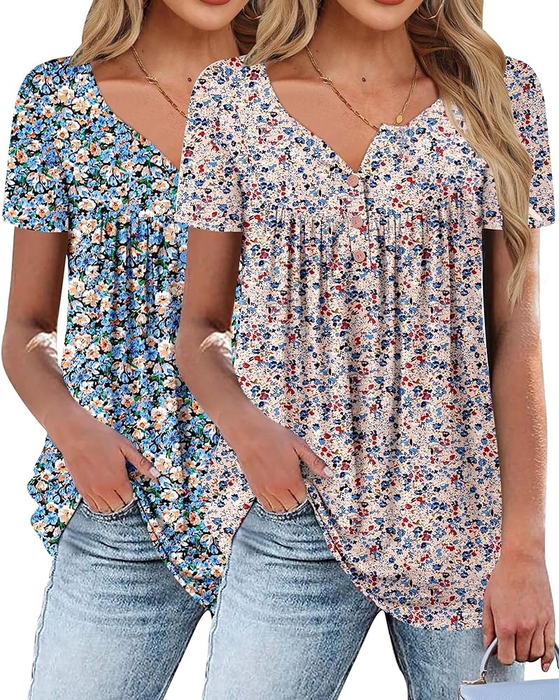 2 Pack Womens Short Sleeve T Shirts Floral Summer Tunic Tops 2024 Casual Crew Neck Tee Loose Fashion Chiffon Blouses