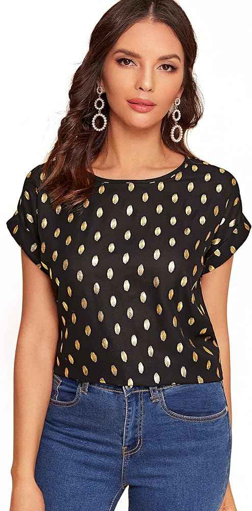 Milumia Women's Elegant Polka Dots Print Short Cap Sleeve Blouse Round Neck Tee Top