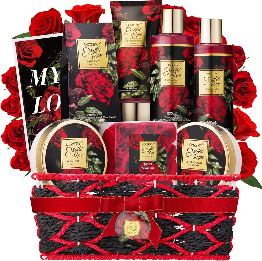 Birthday Gifts from Daughter and Son, Spa Bath and Body Gift Set, Exotic Rose Gift Basket for Women & Men, Thank You, Birthday, Mom, Personalized Gifts with Body Scrub, Bubble Bath, Lotion & More