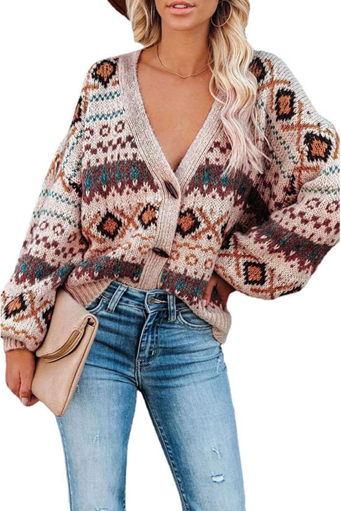 PEHMEA Women's V Neck Button Down Aztec Printed Knit Cardigan Sweaters Coats