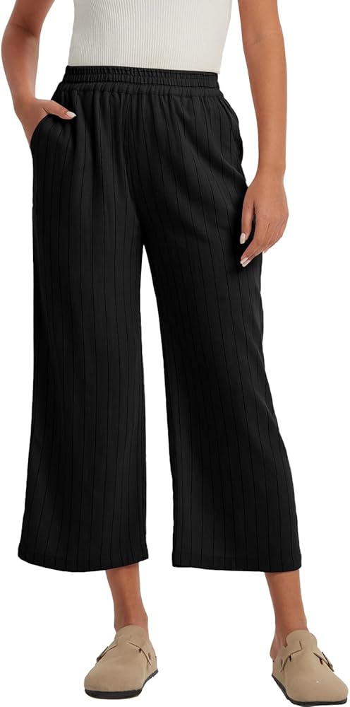 Les umes Womens Wide Leg Linen Cropped Pants High Waist Stripe Ankle Pants Loose Casual Plus Size Trousers with Pockets