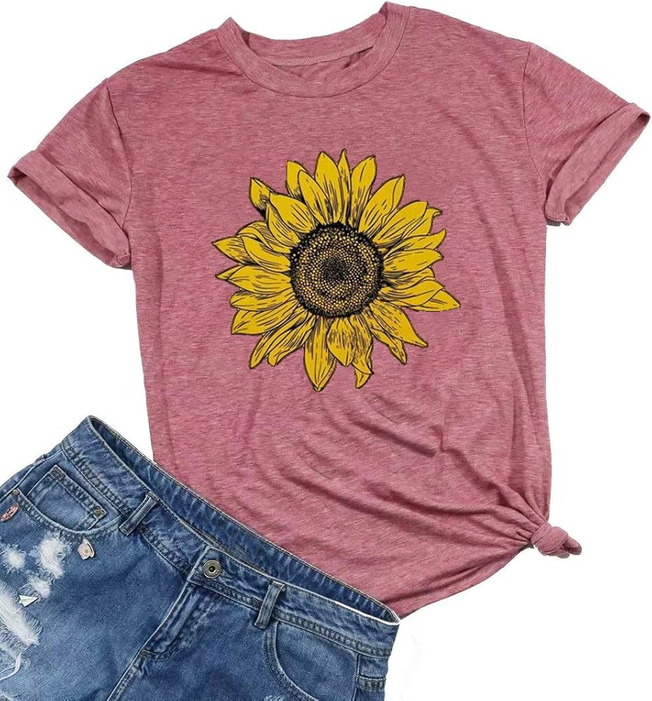 Women Short Sleeve Sunflower T-Shirt Cute Funny Graphic Tee Teen Girls Casual Shirt Top