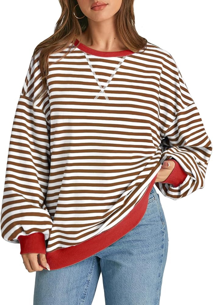 ATHMILE Women's Striped Oversized Sweatshirt Long Sleeve Shirts for Women Crewneck Hoodies Casual Pullover Top Y2K Tops