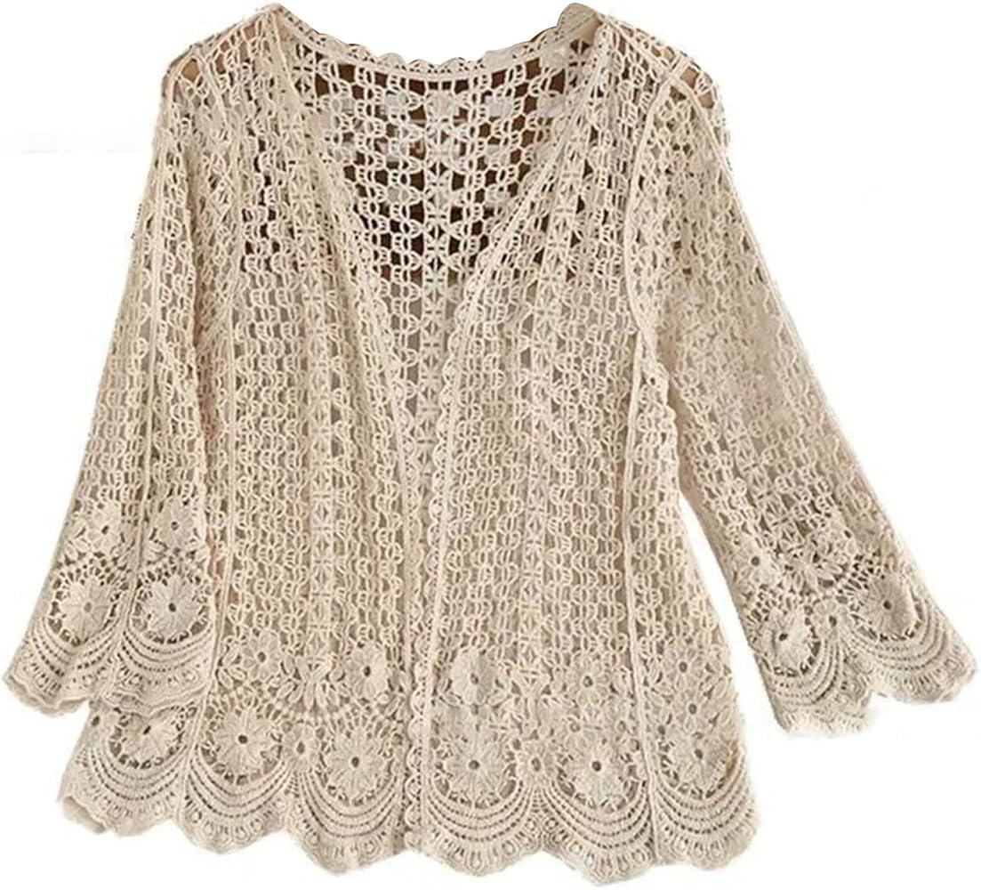 Women's Summer Long Sleeve Cardigan Hollow Out Crochet Knit Floral Cover Up Open Front Scalloped Mesh Beach Shrug Coat Beige