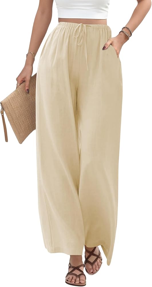 Buauty Wide Leg Linen Pants Women Plus Size Palazzo Pants High Waisted Lounge Pants Casual Comfy Flowy Beach Summer Trousers Khaki