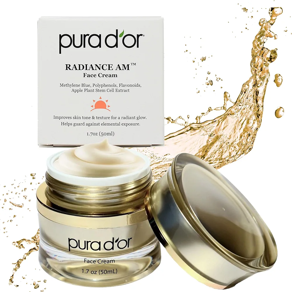 PURA D'OR 1.7 Oz Radiant Glow AM Face Cream - Methylene Blue, Polyphenols, Flavonoids, Apple Stem Cell Extract - Aloe Vera Base Anti-Aging Morning Moisturizer - Daily Facial Treatment For Women & Men