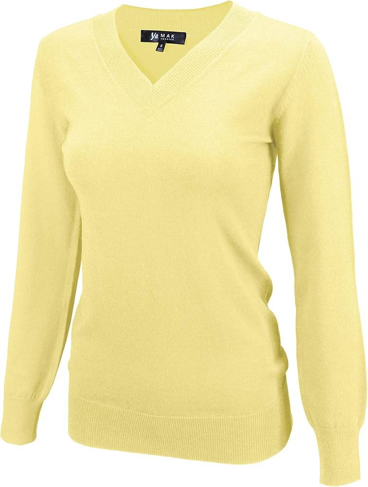 YEMAK Women's Knit Sweater Pullover – Long Sleeve V-Neck Basic Classic Casual Knitted Soft Lightweight T-Shirt Top