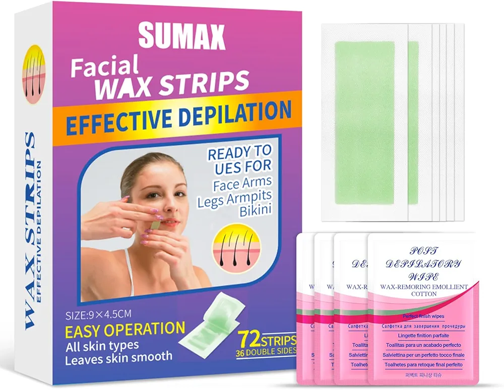 Sumax Wax Strips for Body Hair Removal, 72 Pieces Natural Beeswax Essence and Jojoba Seed Oil Hair Removal Strips for Face, Underarms, Bikini, Legs - Includes 4 Calming Oil Wipes