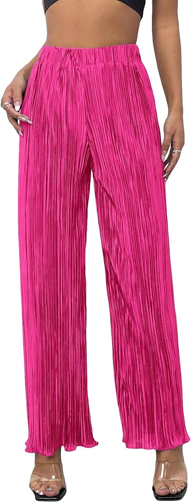 Floerns Women's High Rise Elastic Waist Pleated Wide Leg Palazzo Flowy Long Pants