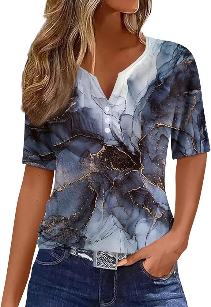 Womens Tops Dressy Causal V Neck Short Sleeve Button Down Womens T Shirts Summer Trendy Tunics Blouses Work Cute Clothing