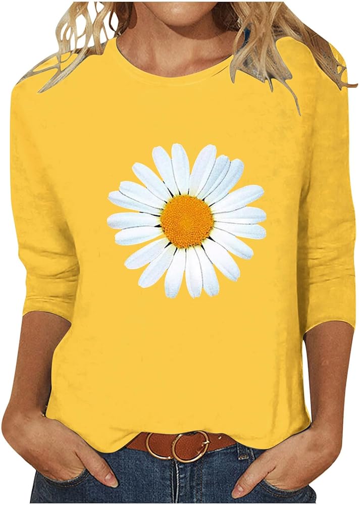 Tops for Women 2024 Trendy 3/4 Sleeve Sunflower Print Casual Crewneck T Shirts Dressy Casual Cute Funny Tee Shirts