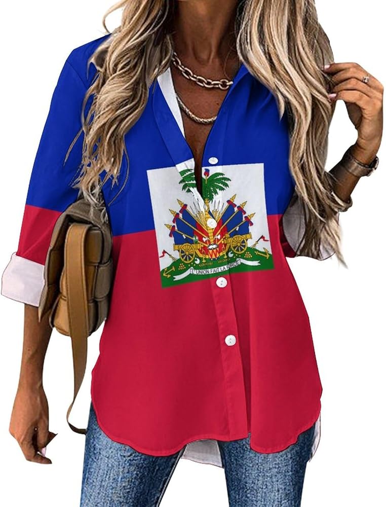 Flag of Haiti Classic Shirts for Women Long Sleeve Blouse Casual V Neck Tee Tops Work Office