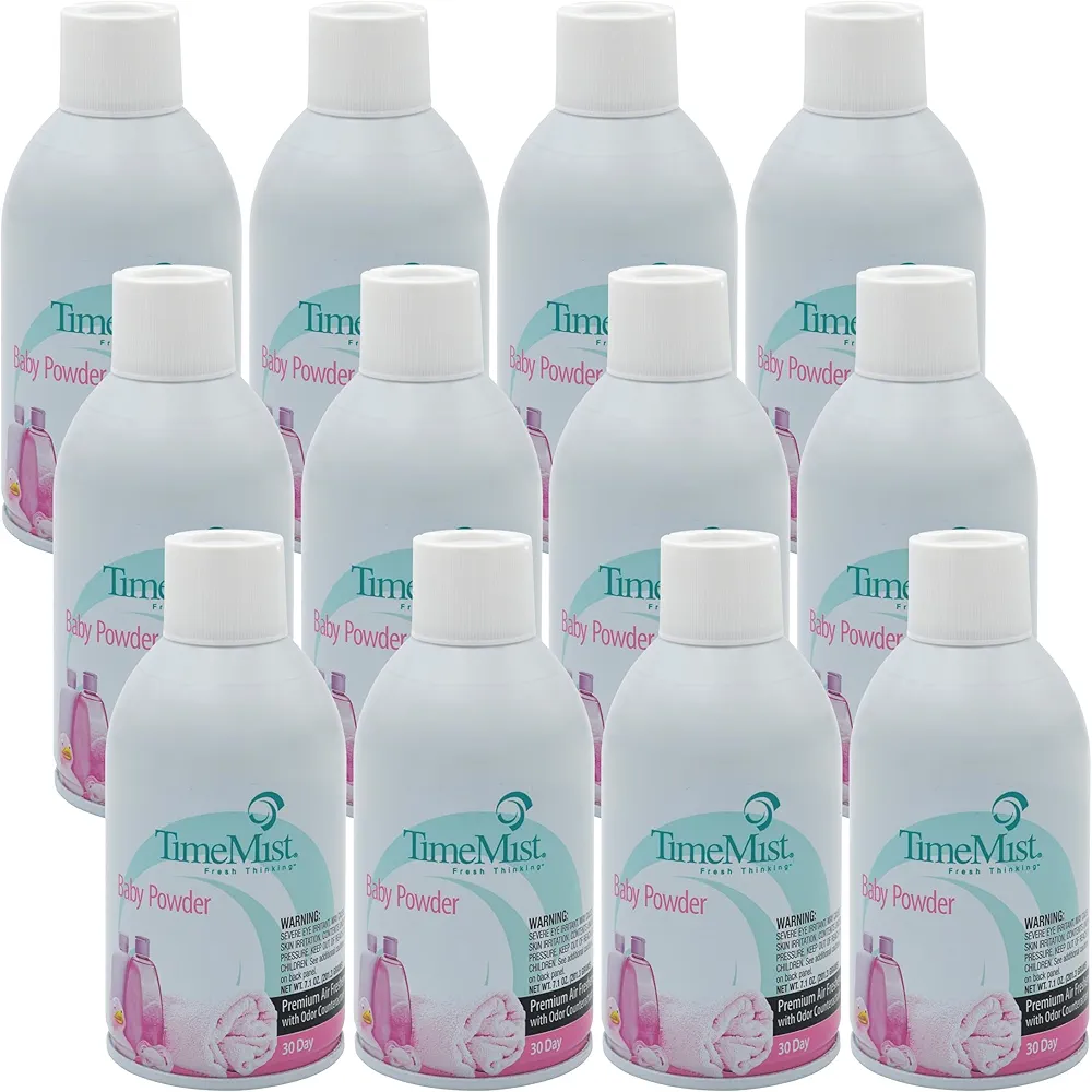 TimeMist Premium Metered Air Freshener Refills - Baby Powder - 7.1 oz (Case of 12) 1042686 - Lasts Up To 30 Days and Neutralizes Tough Unwanted Odors