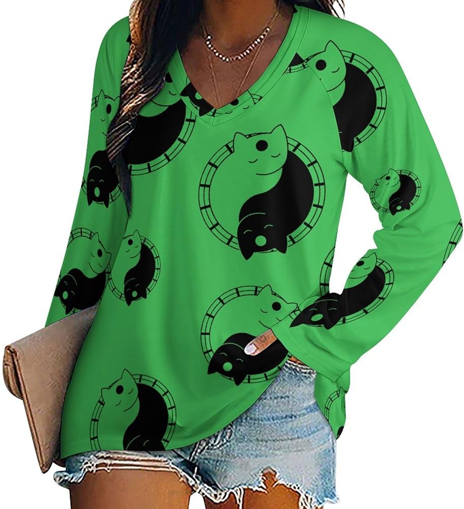 Yin and Yang Cute Cats Loose Womens Shirts Long Sleeve Tees Tops Casual V-Neck Graphic Blouses