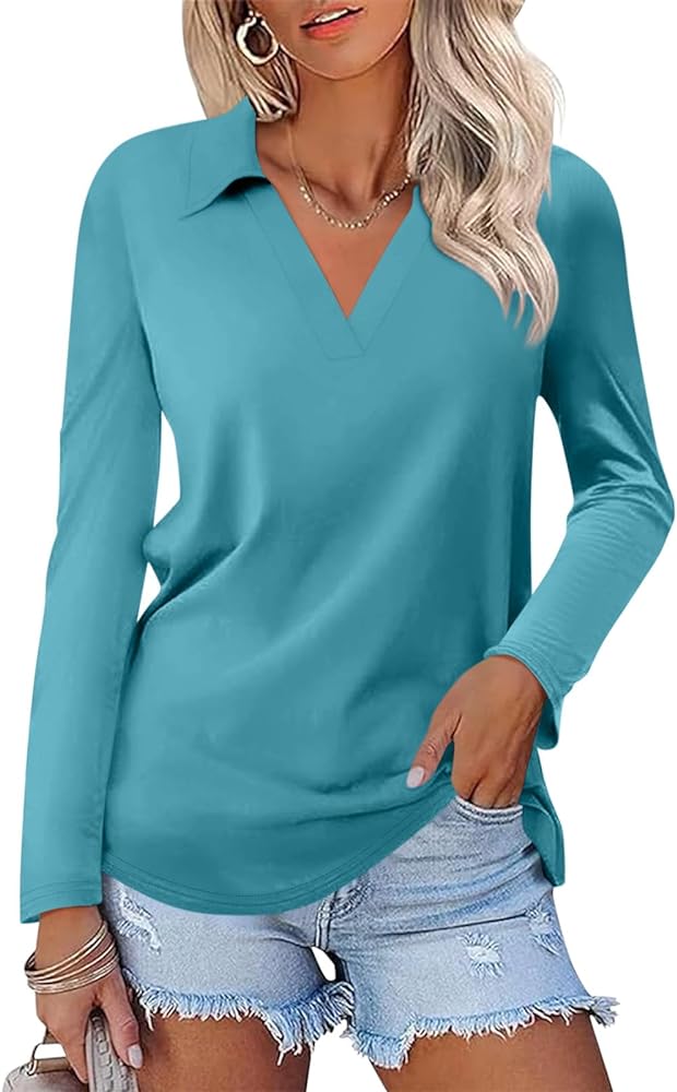 Women's Long Sleeve Shirts V Neck Tunic Tops Dressy Casual Basic Tees Blouse Loose Collar Polos