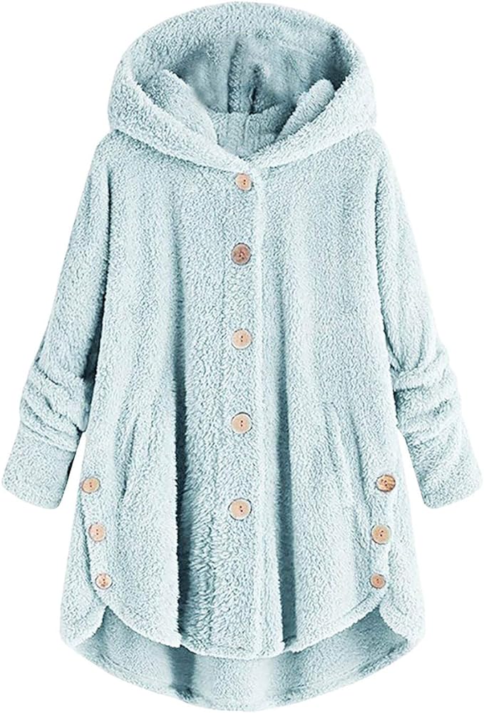 RMXEi Women Plus Size Button Plush Tops Hooded Loose Cardigan Wool Coat Winter Jacket