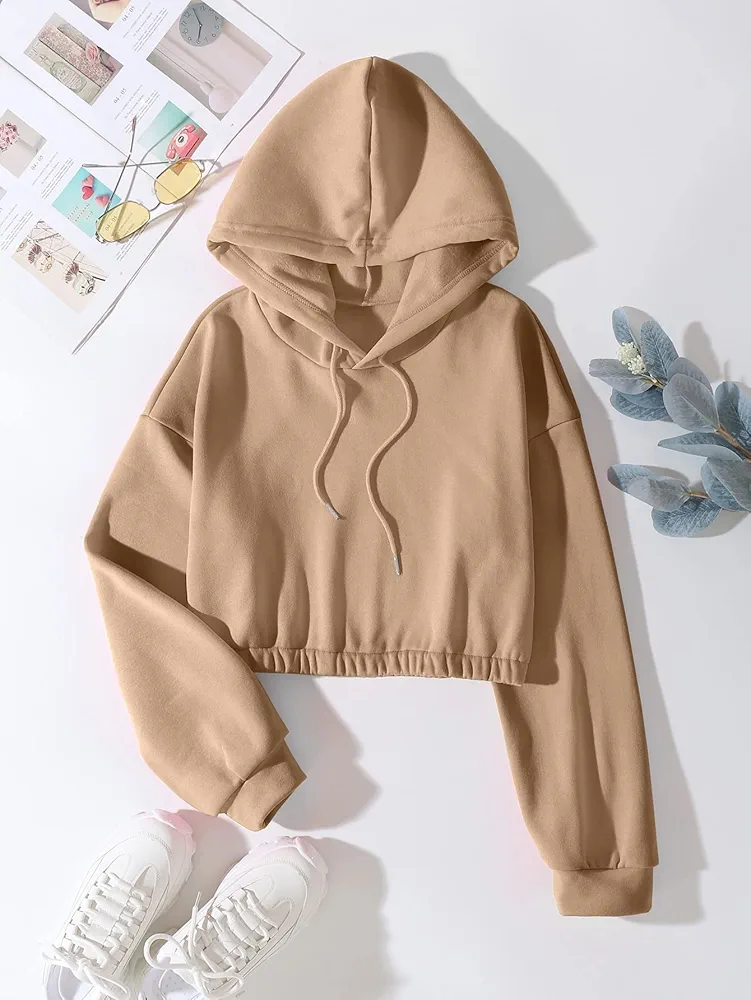 Women's Sweatshirt Sweatshirts Hoodies Elastic Hem Drawstring Thermal Crop Hoodie Warmth Beautiful Lovely Fashionable (Color : Camel, Size : X-Large)