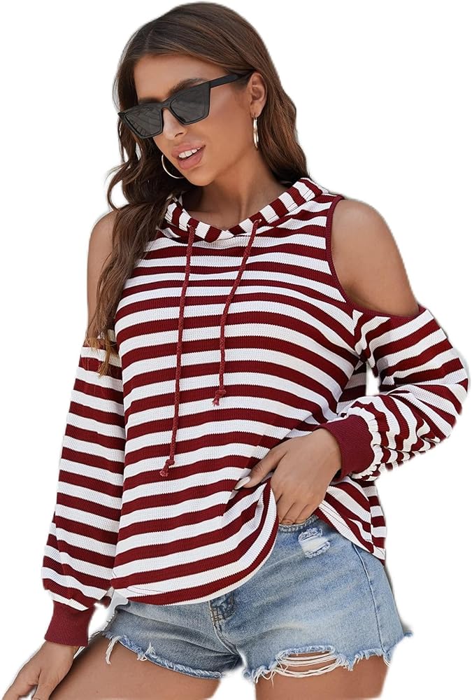 REDESYN sweatshirts for women - Striped Cold Shoulder Drawstring Hoodie