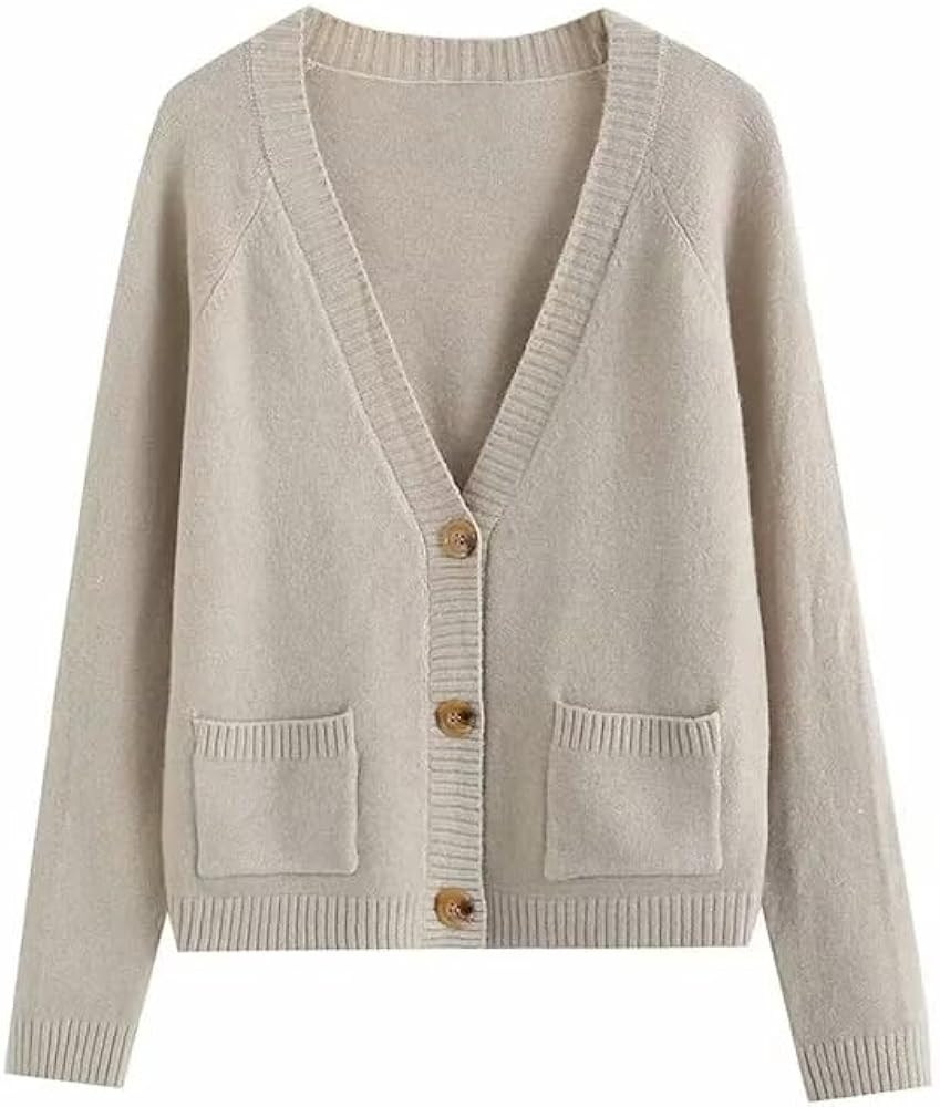 Women's Long Sleeved Cropped Cardigan Sweater V-Neck 2 Pockets Button Down Closure Premium Quality Knit