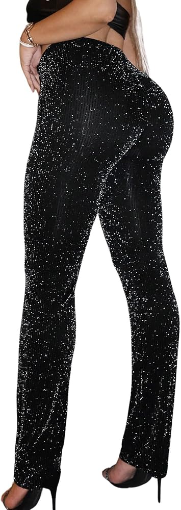 Floerns Women's Contrast Sequin Elastic Waist Shiny Straight Leg Party Pants