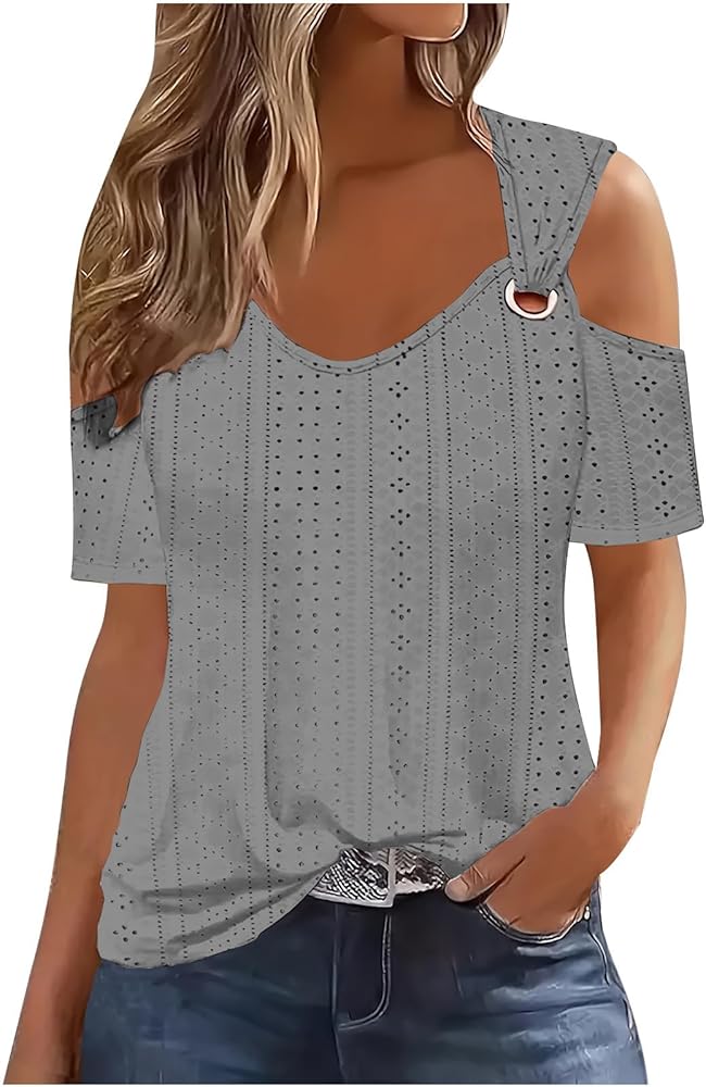 TARIENDY Women's Cold Shoulder Tops Short Sleeve V Neck Tees Dressy Casual Loose Fitting Tunic Blouses Trendy 2024 Summer