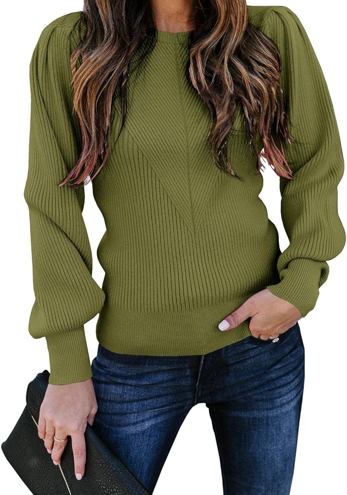 Huiyuzhi Womens Puff Sleeve Pullover Sweaters Crew Neck Soft Slim Fit Solid Color Knitted Jumper