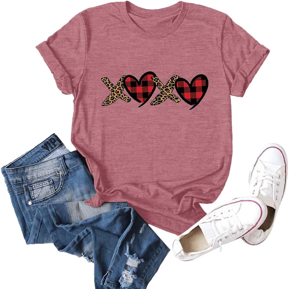 Plus Size Love Heart Leopard Graphic Valentine's Day Shirts Women Short Sleeve Blouse Tees Tops