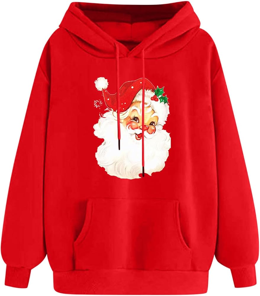 Women Christmas Retro Santa Claus Hooded Sweatshirts Crewneck Long Sleeve Fleece Hoodies Pullover Tops with Pocket