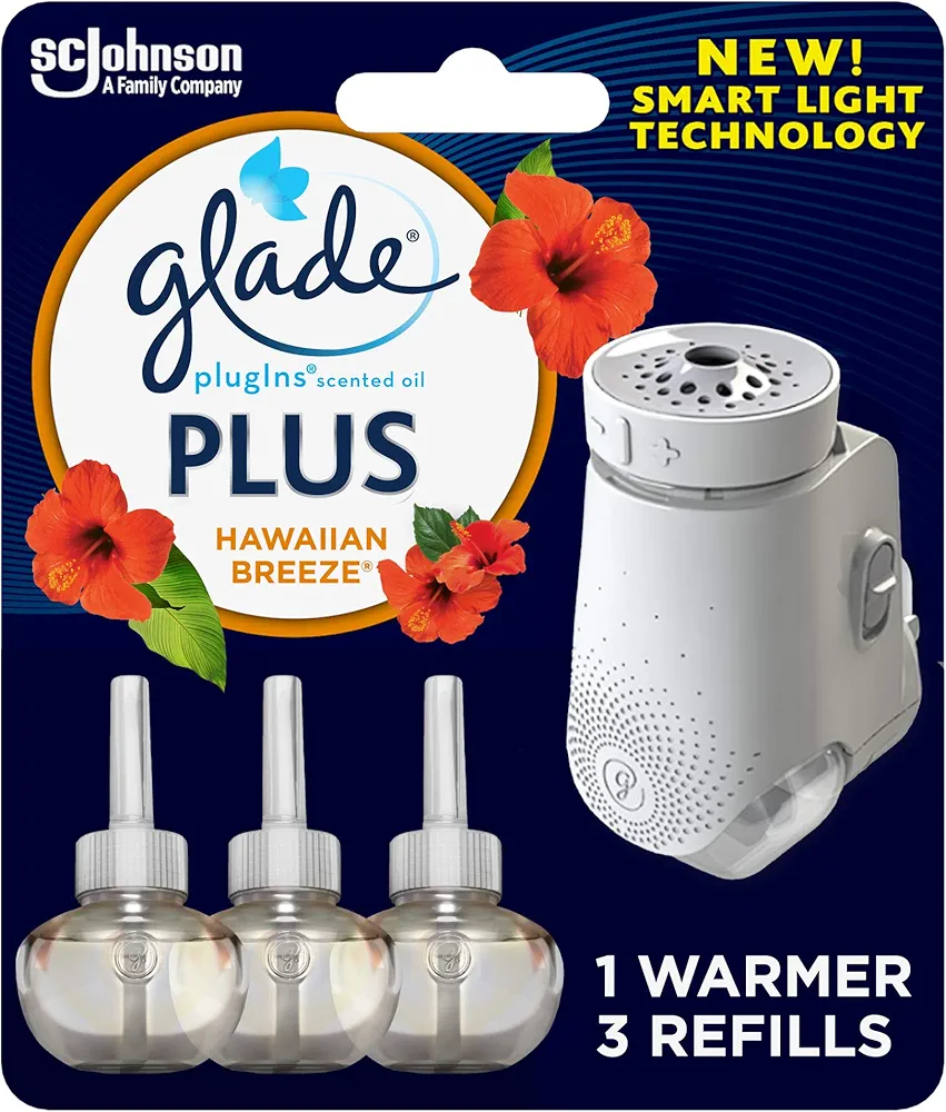 Glade PlugIn Plus Air Freshener Starter Kit, Scented Oil for Home and Bathroom, Hawaiian Breeze, 2.01 Fl Oz, 1 Warmer + 3 Refills