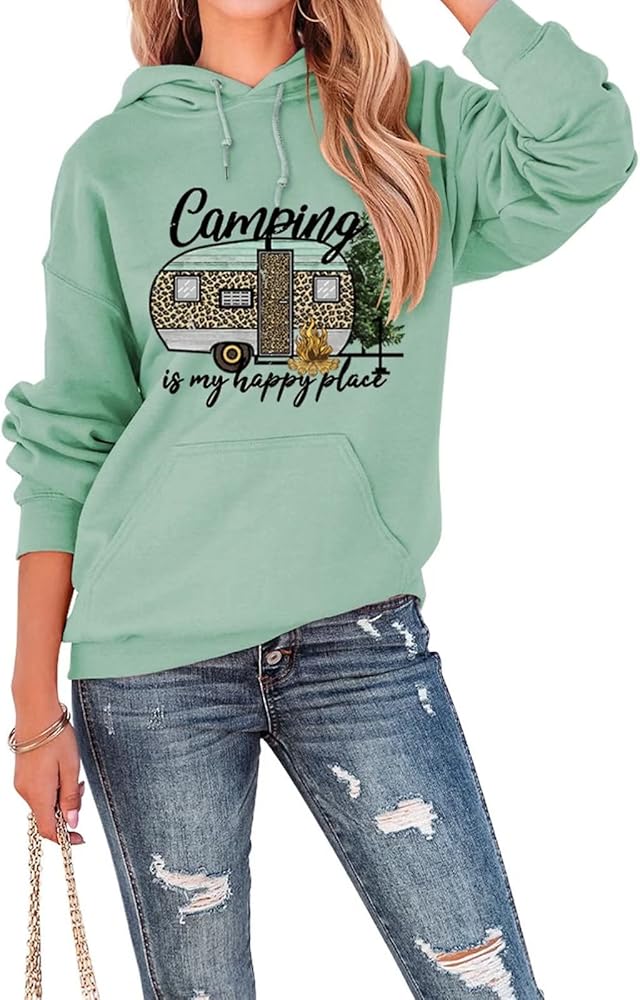 Camping Hoodie Sweatshirt for Women Camping is My Happy Place Letter Print Long Sleeve Hooded Pullover Shirt Camper Top