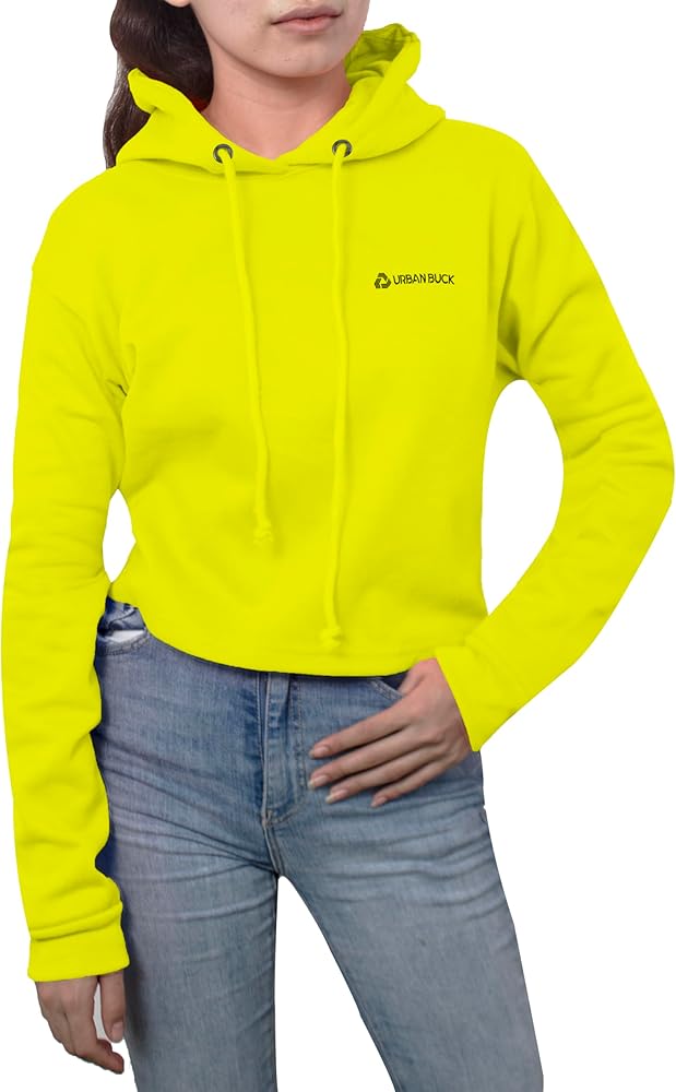 URBAN BUCK Womens Neon Yellow Cropped Hoodie Casual Long Sleeve Lamey Crop Top Hooded Sweatshirt (XL)