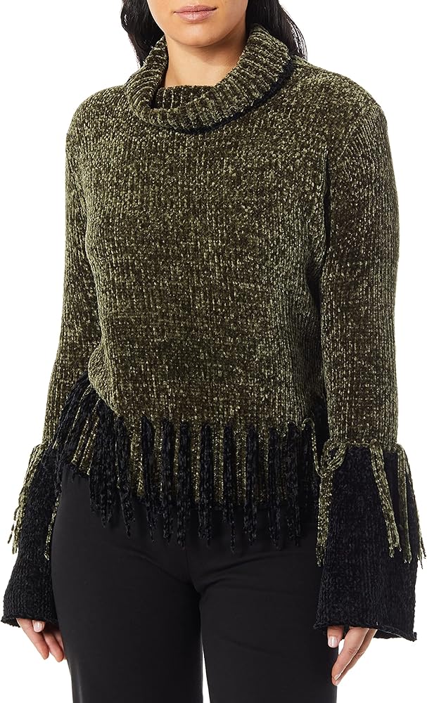 Angie Women's Chenielle Pullover Sweater with Fringe Details, Olive, Medium