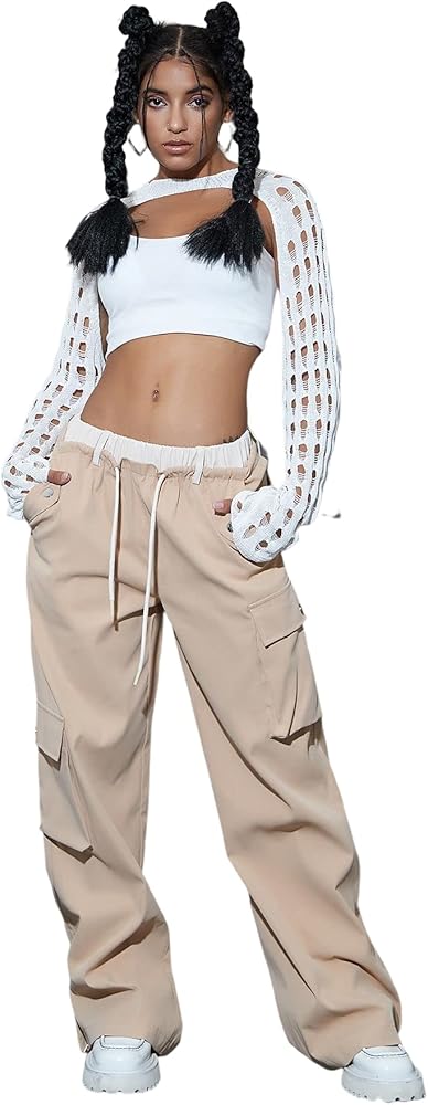 Floerns Women's Double Waisted Split Hems Straight Wide Leg Cargo Pants