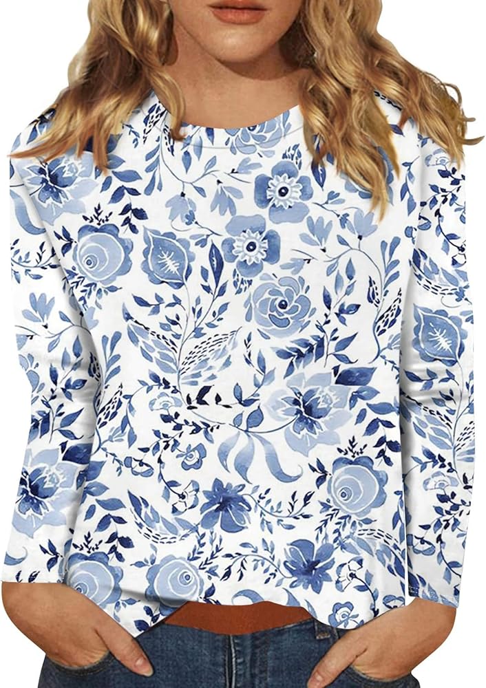 Fall Blouse for Women 2024 Long Sleeve Shirts for Women Cute Print Graphic Tees Blouses Casual Plus Size Basic Tops Pullover