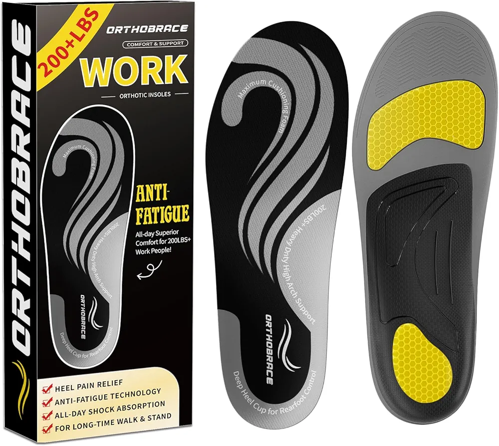 Work Insoles for Standing All Day, 200+lbs Heavy Duty High Arch Support Inserts, Foot Pain Relief for Plantar Fasciitis, Anti Fatigue,Work Boot Shoe Insoles Men Women-L