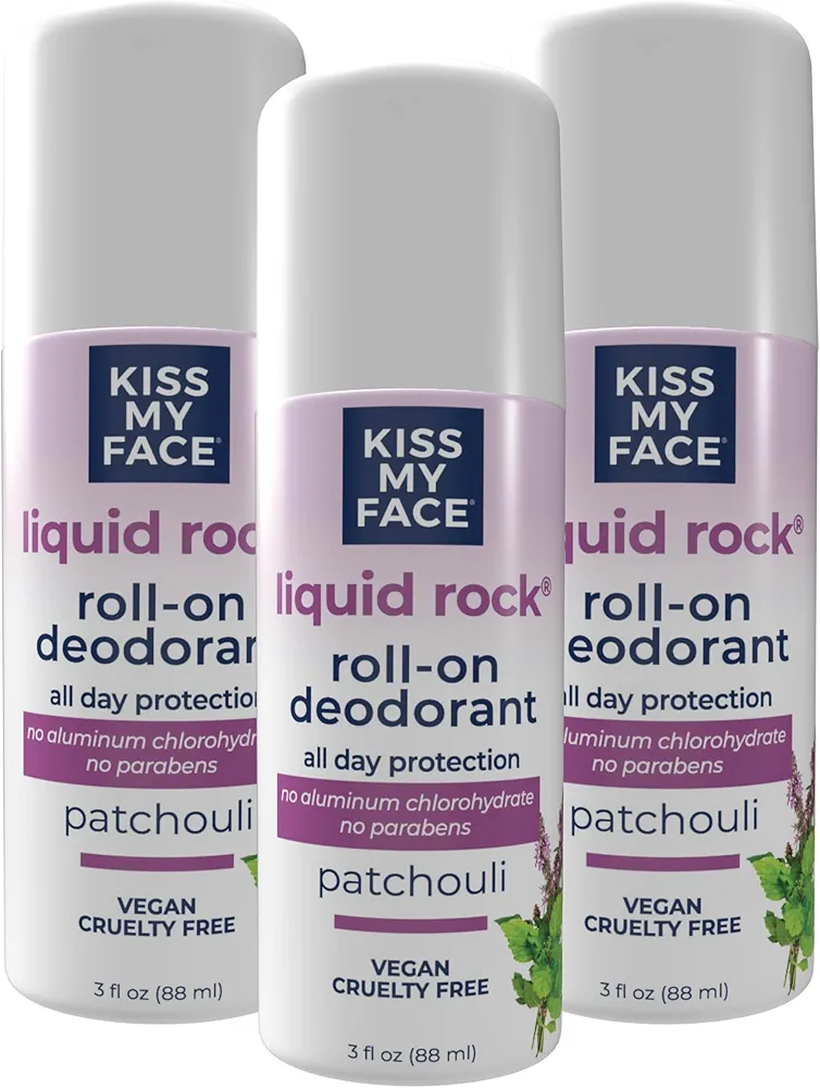 Kiss My Face Liquid Rock Roll-On Deodorant, All Day Protection, Vegan and Cruelty Free, Patchouli Scent, 3 Fl Oz, Pack of 3