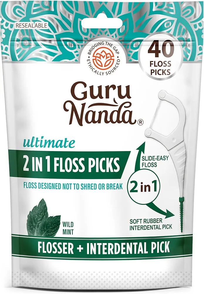 GuruNanda 2 in 1 Dental Floss Picks - Non-Slip Grip Handle, Slide Easy, No Break or Shred Flosser - Complete Oral Care with Interdental Pick for Healthy Teeth & Gums - Mint Flavor, 40 Count (1 Pack)