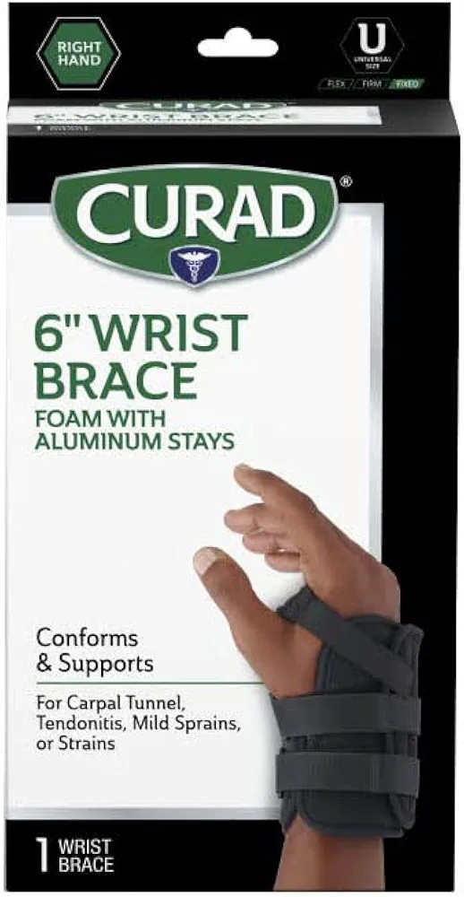 CURAD Low-Profile Universal Wrist Splint, Movable Top Stay, Hook- and-Loop Attachment, Plush Foam, Universal Size, Right Hand, 6", Pack of 4