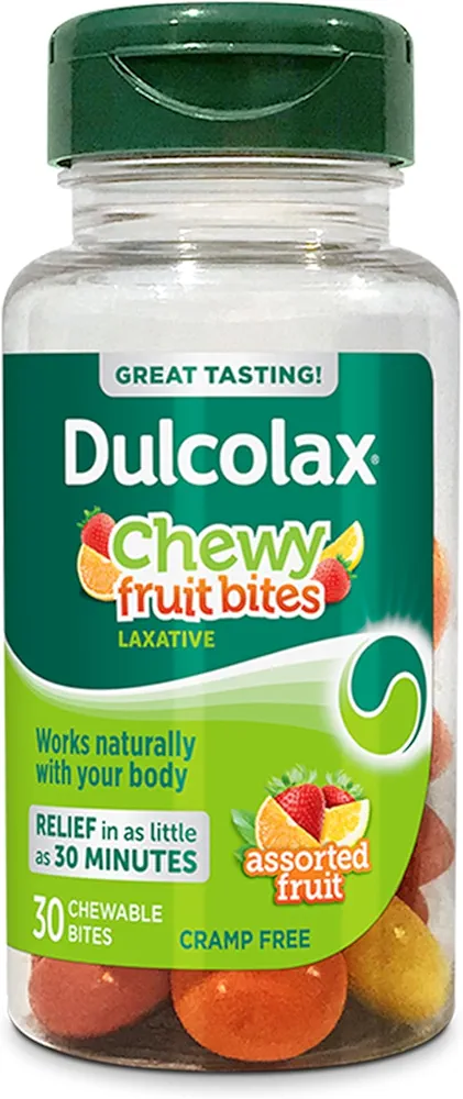 Dulcolax Saline Laxative Chewy Fruit Bites, Fast & Gentle Constipation Relief, Assorted Fruit Flavor, Magnesium Hydroxide 600 mg, 30 Count