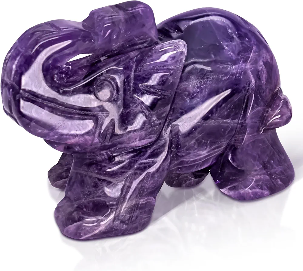 Amethyst Quartz Healing Crystals Elephant Decoration Meditation Gemstone Polished Natural Stone Hand-Carved Unique Design Purple Healing Stones Energy Home Room Office Desk with Box