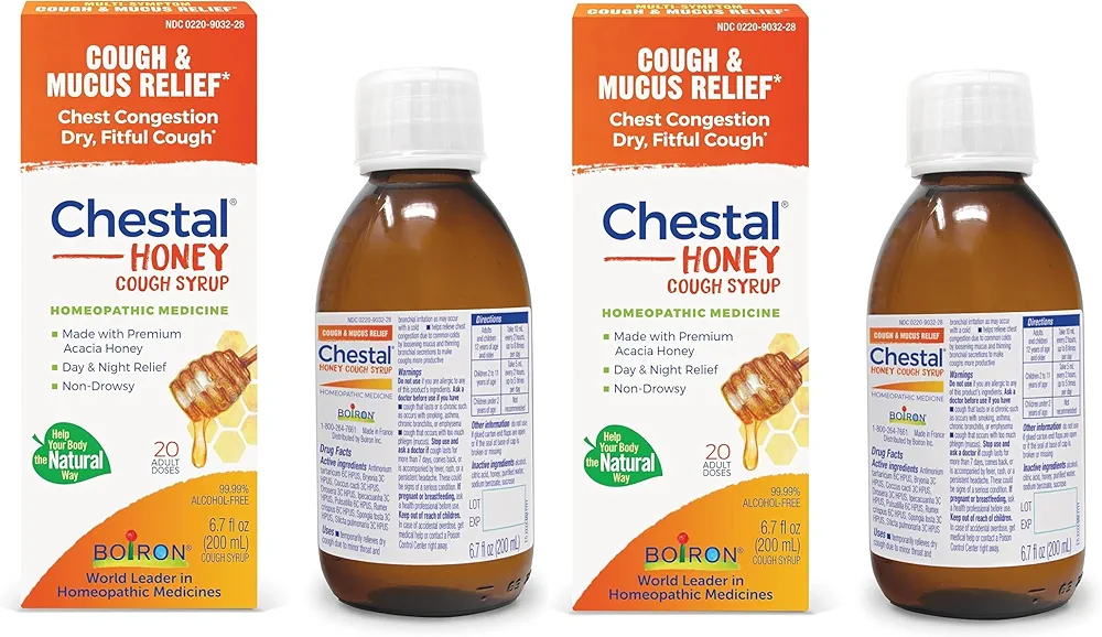 Boiron Chestal Honey Adult Cold and Cough Syrup for Nasal and Chest Congestion, Runny Nose, and Sore Throat Relief - 6.7 Fl oz (Pack of 2)