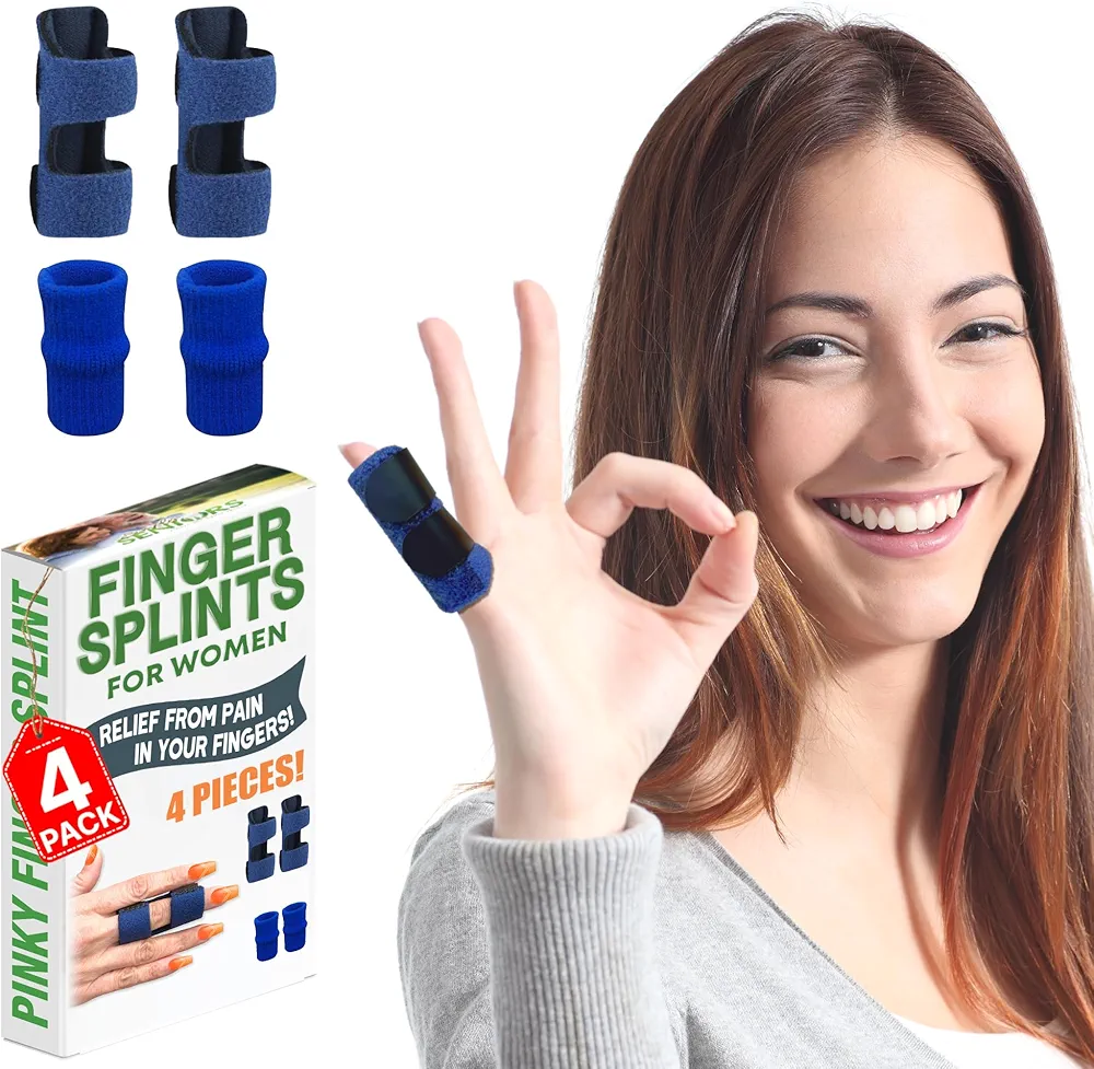 Simply Seniors Finger Splint For Women - 2 Splints & 2 Sleeves - Brace For Trigger Finger, Mallet & Broken Finger, Arthritis & Straightening - Pinky, Middle, Ring, Index Fingers & Kids