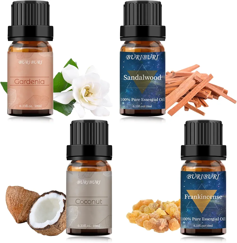 BURIBURI Coconut Essential Oils Bundles with Gardenia Frankincense Sandalwood Oil 10ml Essential Oils Set