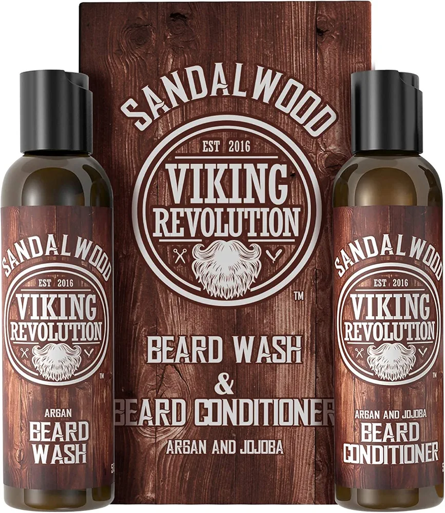 Viking Revolution Beard Wash & Beard Conditioner Set w/Argan & Jojoba Oils - Softens & Strengthens - Natural Beard Shampoo w/Beard Oil Sandalwood (5oz)