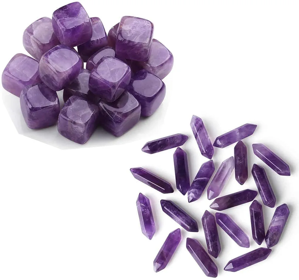 10 Pcs Amethyst Crystals Points Bulk Wands and 10 PCS Amethyst Cube Polished Gemstones Reiki Energy Balancing Set