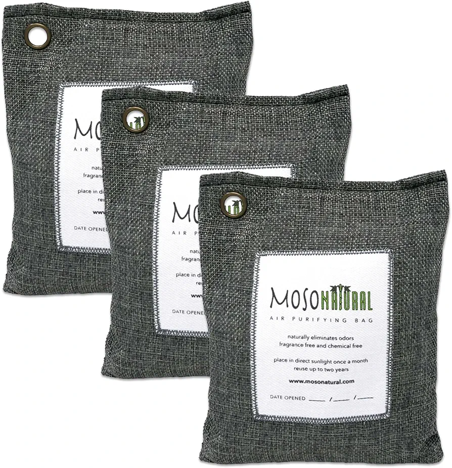 Moso Natural Air Purifying Bag 200g (7.05oz) 3 Pack. A Scent Free Odor Eliminator for Cars, Closets, Bathrooms, Pet Areas. Premium Moso Bamboo Charcoal Odor Absorber. Two Year Lifespan (Charcoal Grey)