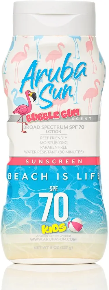 Kids SPF 70 Sunscreen Lotion with Bubble Gum scent | Aruba Reef Act Compliant no 67, Octinoxate & Oxybenzone Free | Water-Resistant, Non-Greasy, Broad Spectrum UVA/UVB Sunscreen, 8 oz